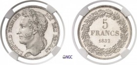 341-Belgique
 Léopold Ier (1831-1865)
 Epreuve sur flan bruni du 5 francs - 1832.
 Tranche inscrite en creux, position A - Frappe monnaie.
 D’une ...