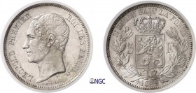344-Belgique
 Léopold Ier (1831-1865)
 5 francs - 1849.
 Deuxième plus haut grade.
 25.0g - Morin 39 - KM 17
 Pratiquement FDC - NGC MS 63