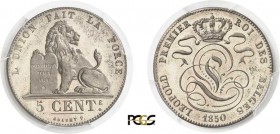 352-Belgique
 Léopold Ier (1831-1865)
 Epreuve en argent du 5 centimes - 1850.
 Rarissime - Semble inédit.
 Le seul exemplaire gradé.
 Dupriez ma...