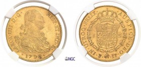 362-Bolivie
 Charles IV (1788-1808)
 8 escudos or - 1796 PP Potosi.
 Léger nettoyage.
 27.06g - XC 1095 - Cal. 103 - KM 81 - Fr. 14
 Superbe à FD...