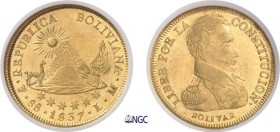 363-Bolivie
 République (1825 à nos jours)
 8 escudos or - 1837 LM PTS Potosi.
 Rare dans cette qualité.
 27.0g - XC 1583 - KM 99 - Fr. 21
 Super...