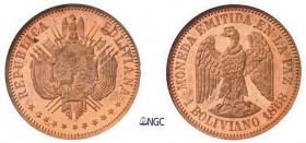 369-Bolivie
 République (1825 à nos jours)
 Epreuve en cuivre sur flan bruni du 1 boliviano
 1868 La Paz.
 Tranche lisse - Frappe monnaie.
 Le pl...