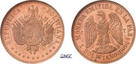 370-Bolivie
 République (1825 à nos jours)
 Epreuve en cuivre sur flan bruni du 1 boliviano
 1868 CT La Paz.
 Tranche lisse - Frappe monnaie.
 Le...