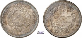 371-Bolivie
 République (1825 à nos jours)
 1 boliviano - 1872 FE PTS Potosi.
 Magnifique exemplaire.
 25.0g - KM 155.4
 Pratiquement FDC - NGC M...
