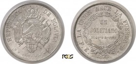 372-Bolivie
 République (1825 à nos jours)
 1 boliviano - 1872 FE PTS Potosi.
 Magnifique exemplaire.
 25.0g - KM 155.4
 Pratiquement FDC - PCGS ...