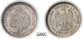 373-Bolivie
 République (1825 à nos jours)
 Epreuve du 20 centavos - 1868 CT La Paz.
 Tranche striée - Frappe monnaie.
 Deuxième plus haut grade....