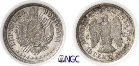 374-Bolivie
 République (1825 à nos jours)
 Epreuve du 10 centavos - 1868 CT La Paz.
 Tranche striée - Frappe monnaie.
 Deuxième plus haut grade....