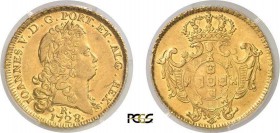 384-Brésil
 Jean V (1706-1750)
 6.400 reis or - 1728/7 R Rio.
 D’une insigne rareté.
 Le seul exemplaire gradé.
 Exemplaire de la collection Norw...