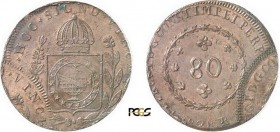 410-Brésil
 Pierre I (1822-1831)
 80 reis - 1828 R Rio.
 Double frappe de qualité remarquable.
 Très rare.
 Le seul exemplaire gradé.
 28.69g - ...