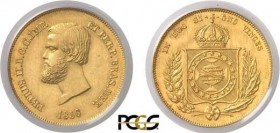413-Brésil
 Pierre II (1831-1889)
 5.000 reis or - 1856.
 4.48g - KM 470 - Fr. 123
 Superbe à FDC - PCGS MS 62