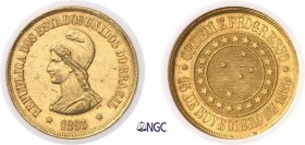 414-Brésil
 République (1889 à nos jours)
 20.000 reis or - 1893.
 Rare - 4.303 exemplaires.
 Deuxième plus haut grade.
 17.93g - KM 497 - Fr. 12...