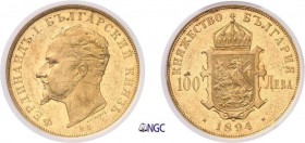 418-Bulgarie
 Ferdinand Ier (1887-1918)
 100 leva or - 1894 KB.
 Très rare dans cette qualité.
 Deuxième plus haut grade.
 32.25g - KM 21 - Fr. 2...
