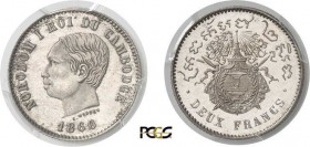 424-Cambodge
 Norodom Ier (1860-1904)
 Epreuve sur flan bruni du 2 francs - 1860.
 Tranche striée.
 Rarissime et d’une qualité exceptionnelle.
 L...