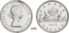 435-Canada
 Elisabeth II (1952 à nos jours)
 1 dollar - 1962.
 D’aspect flan bruni.
 23.32g - KM 54
 FDC - NGC MS 65 PL (prooflike)