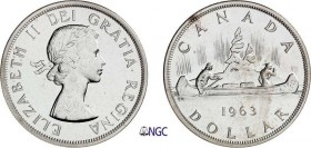 436-Canada
 Elisabeth II (1952 à nos jours)
 1 dollar - 1963.
 D’aspect flan bruni.
 23.32g - KM 54
 Pratiquemment FDC - NGC MS 64 PL (prooflike)...