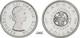 437-Canada
 Elisabeth II (1952 à nos jours)
 1 dollar - 1964.
 D’aspect flan bruni.
 23.32g - KM 58
 FDC - NGC MS 65 PL (prooflike)