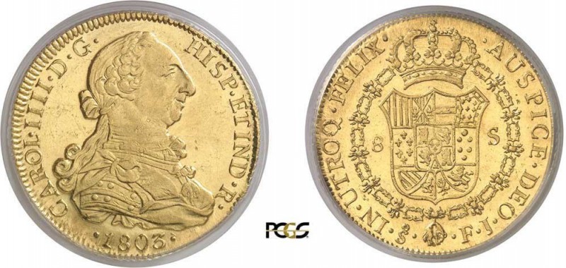 439-Chili
 Charles IV (1788-1808)
 8 escudos or - 1803 FJ So Santiago.
 Raris...
