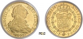 439-Chili
 Charles IV (1788-1808)
 8 escudos or - 1803 FJ So Santiago.
 Rarissime dans cette qualité.
 27.06g - XC 1174 - Cal. 165 - KM 54 - Fr. 1...