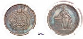 444-Chili
 République (1818 à nos jours)
 Epreuve en cuivre du 8 escudos or - 1836 IJ.
 Tranche striée - Frappe monnaie.
 Le seul exemplaire gradé...