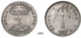 447-Chili
 République (1818 à nos jours)
 1 peso - 1828 TH Coquimbo.
 Magnifique exemplaire d’une grande rareté.
 Exemplaire de la collection Tara...