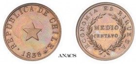 449-Chili
 République (1818 à nos jours)
 Epreuve sur flan bruni du 1/2 centavo - 1835 Soho
 (Birmingham).
 Flan épais - Frappe monnaie.
 Très ra...