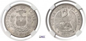 450-Chili
 République (1818 à nos jours)
 1 peso - 1873 So Santiago.
 Très rare dans cette qualité.
 Le plus bel exemplaire gradé.
 25.0g - KM 14...