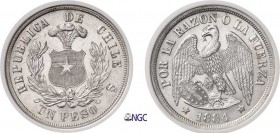451-Chili
 République (1818 à nos jours)
 1 peso - 1884 So Santiago.
 Magnifique exemplaire.
 25.0g - KM 142.1
 Pratiquement FDC - NGC MS 64