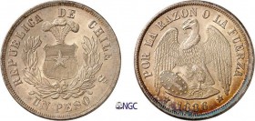 452-Chili
 République (1818 à nos jours)
 1 peso - 1886 So Santiago.
 Le plus bel exemplaire gradé.
 25.0g - KM 142.1
 FDC - NGC MS 65