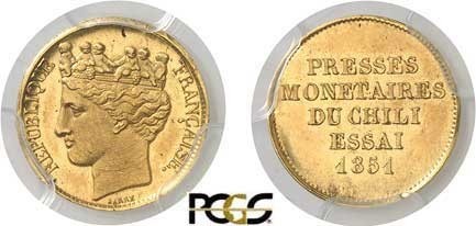 455-Chili
 République (1818 à nos jours)
 Essai en or du 20 centavos ou 1/2 de...
