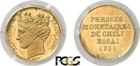 455-Chili
 République (1818 à nos jours)
 Essai en or du 20 centavos ou 1/2 decimo - 1851 - Barre.
 Tranche lisse - Frappe monnaie.
 D’une insigne...