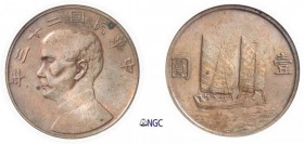 466-Chine
 Première République (1912-1949)
 Epreuve en cuivre du 1 dollar - 1934.
 D’une grande rareté.
 Deuxième plus haut grade.
 Exemplaire de...