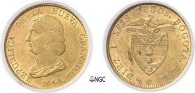 481-Colombie
 République de Nouvelle-Grenade (1831-1858)
 16 pesos or - 1844 RS Bogota.
 Magnifique exemplaire.
 Deuxième plus haut grade.
 27.0g...