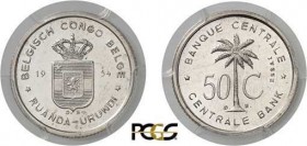 492-Congo Belge
 Ruanda-Urundi (province)
 Baudoin Ier (1951-1993)
 Essai en argent du 50 centimes - 1954.
 Tranche striée - Frappe monnaie.
 Rar...
