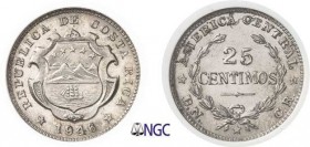 498-Costa Rica
 République (1848 à nos jours)
 Epreuve sur flan bruni en cupro-nickel du 25 centimos
 laiton - 1946.
 Très rare.
 Le seul exempla...