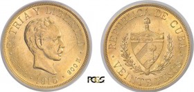 510-Cuba
 Première République (1902-1962)
 20 pesos or - 1915.
 Magnifique exemplaire.
 33.43g - KM 21 - Fr. 1
 Superbe à FDC - PCGS MS 62
