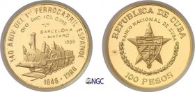 517-Cuba
 République de (1962 à nos jours)
 Piéfort sur flan bruni du 100 pesos or - 1989.
 140éme anniversaire de la 1ère ligne ferroviaire espagn...