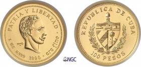 518-Cuba
 République de (1962 à nos jours)
 Piéfort du 100 pesos or - 1990.
 D’une insigne rareté - 12 exemplaires.
 Le plus bel exemplaire gradé....