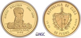521-Cuba
 République de (1962 à nos jours)
 Piéfort sur flan bruni du 50 pesos or - 1990.
 D’une insigne rareté - 3 exemplaires.
 Le plus bel exem...