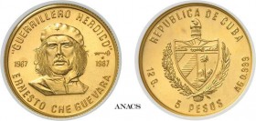523-Cuba
 République de (1962 à nos jours)
 Piéfort en or sur flan bruni du 5 pesos - 1987.
 D’une insigne rareté - Seulement 2 exemplaires connus....