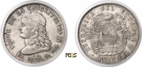 548-Equateur
 République (1830 à nos jours)
 5 francs - 1858 GJ Quito.
 Très rare dans cette qualité.
 Exemplaire de la vente Heritage 425 du 6 ja...