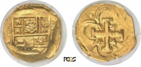 556-Espagne
 Philippe IV (1621-1665)
 8 escudos or - Date illisible Séville.
 Châteaux et lions inversés dans le blason - Très rare,
 un seul exem...