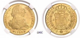563-Espagne
 Charles III (1759-1788)
 8 escudos or - 1788 S C Séville.
 Très rare dans cette qualité.
 Deuxième plus haut grade.
 27.07g - XC 969...