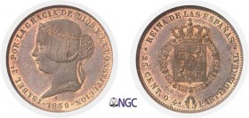 572-Espagne
 Isabelle II (1833-1868)
 Epreuve en cuivre sur flan bruni du 25 centimos ou
 1/4 de real - 1859.
 Le plus bel exemplaire gradé.
 Cal...