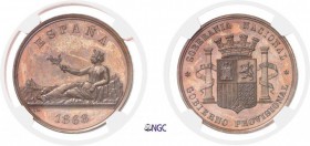 575-Espagne
 Gouvernement Provisoire (1868-1871)
 Epreuve en bronze du 5 pesetas (module) - 1868.
 Le plus bel exemplaire gradé.
 Cal. p. 806 note...