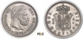 576-Espagne
 Charles VII (1872-1875)
 Epreuve du 5 pesetas « date à l’avers » - 1874 Bruxelles.
 Tranche striée - Frappe monnaie.
 Très rare.
 De...