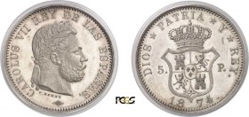 577-Espagne
 Charles VII (1872-1875)
 Epreuve du 5 pesetas « date au revers » - 1874 Bruxelles.
 Tranche lisse - Frappe monnaie.
 Très rare.
 Le ...