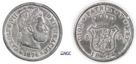 578-Espagne
 Charles VII (1872-1875)
 Piéfort en étain du 5 pesetas « date à l’avers et au revers »
 1874 Bruxelles - Tranche lisse - Frappe monnai...