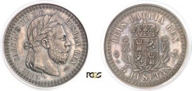 579-Espagne
 Charles VII (1872-1875)
 Epreuve du 5 pesetas - 1885 Bruxelles.
 Tranche striée - Frappe monnaie.
 Rarissime.
 Le seul exemplaire gr...