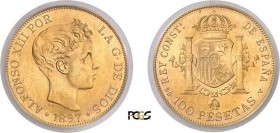 585-Espagne
 Gouvernement de Franco (1939-1975)
 100 pesetas or - 1897 - Etoiles " 19 " " 61 " (1961).
 Année rare - 810 exemplaires.
 Le plus bel...