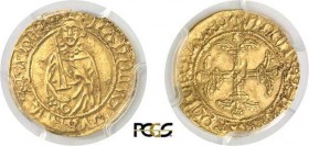 594-France - Aquitaine
 Charles de France Duc d'Aquitaine (1469-1472)
 1/2 hardi d'or - Bordeaux.
 D’une grande rareté.
 Exemplaire de la vente NG...